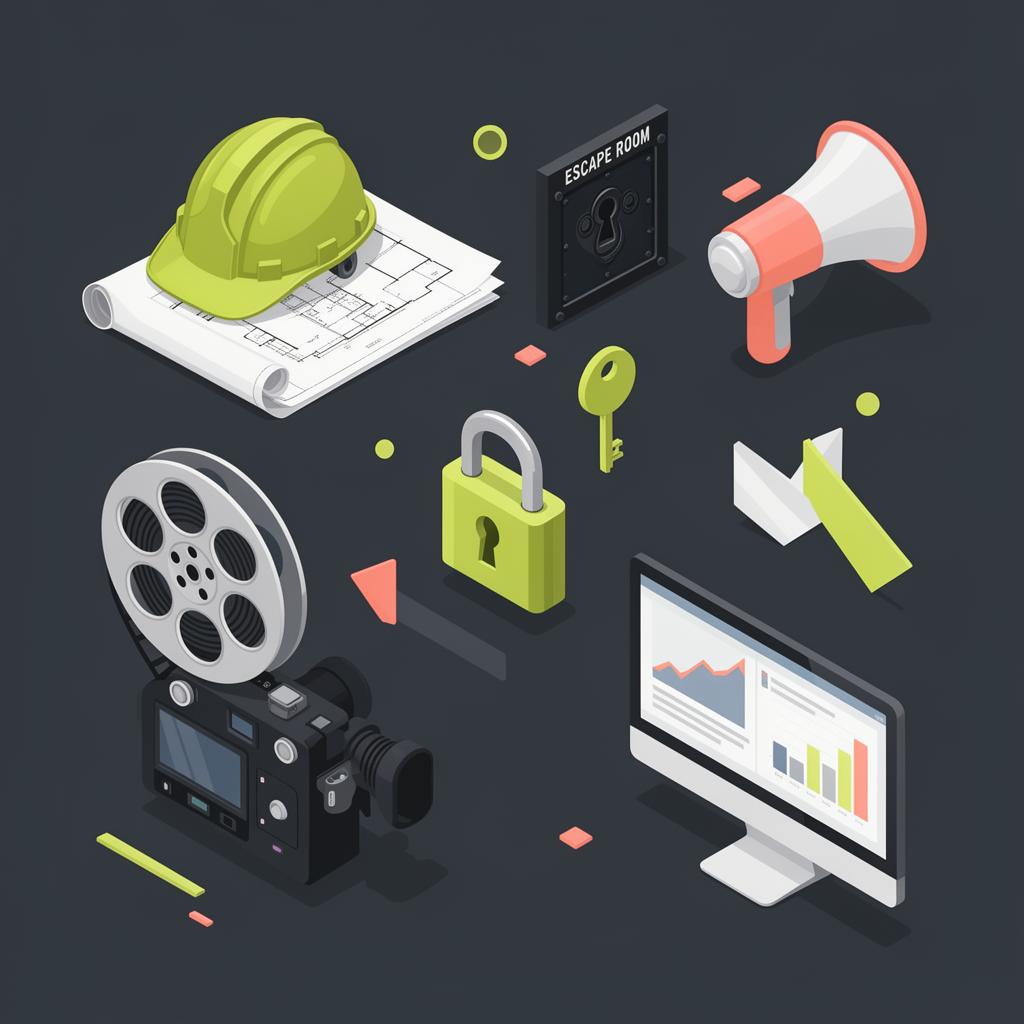 Icons representing construction, escape rooms, marketing, and media businesses